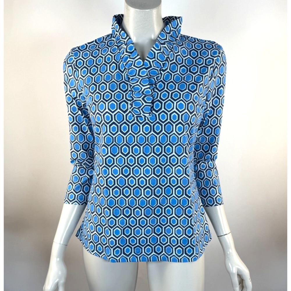 J McLaughlin Durham Ruffle Catalina Cloth Top Women M NWOT 3/4 Sleeve Stretch